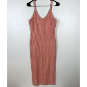 7 For All Mankind Pink Ribbed Bodycon Midi Dress V-Neck Spaghetti‎ Straps Large